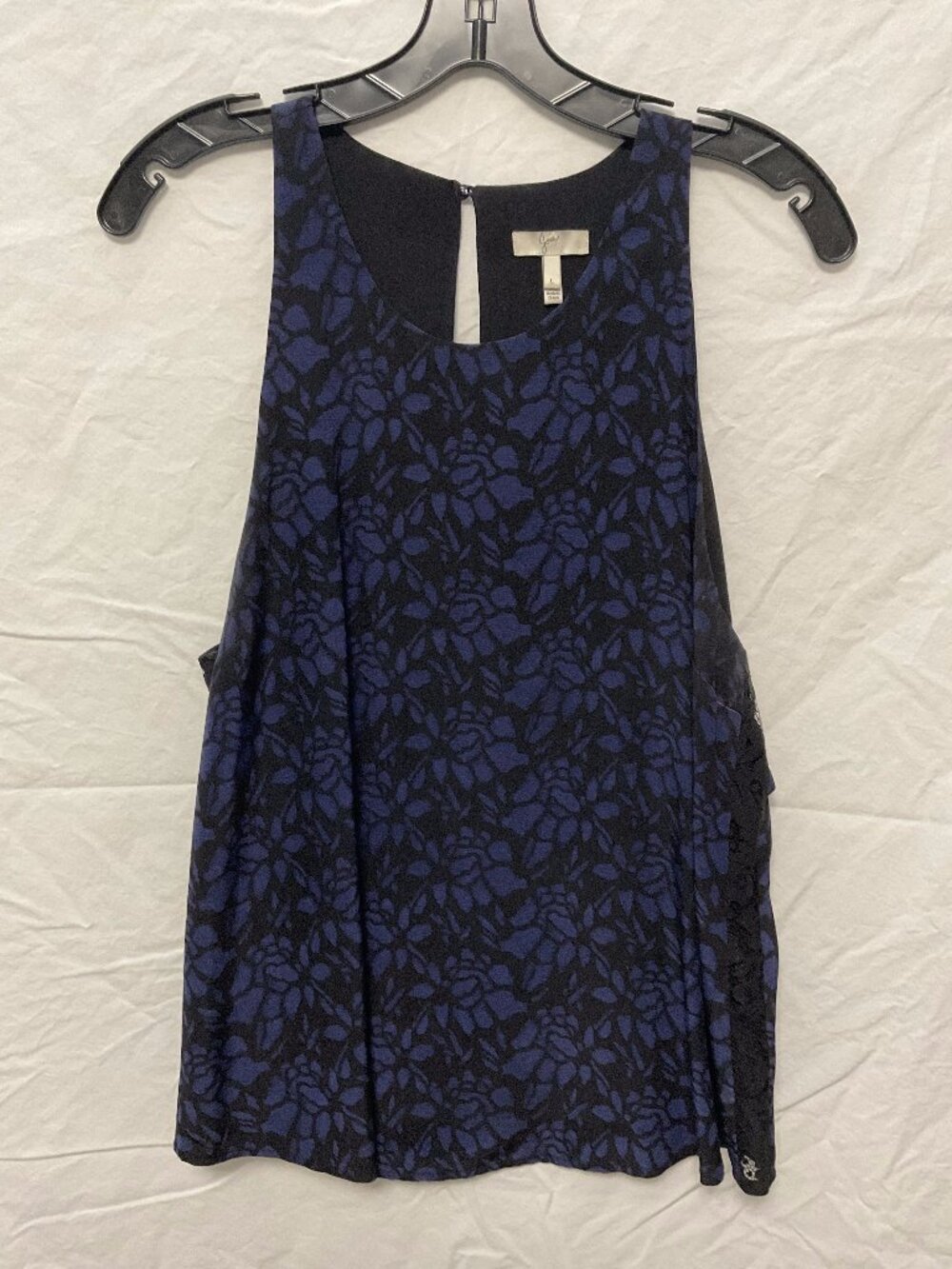 Joie Navy Blue Floral Print Sleeveless Tank Lace Trim Size L